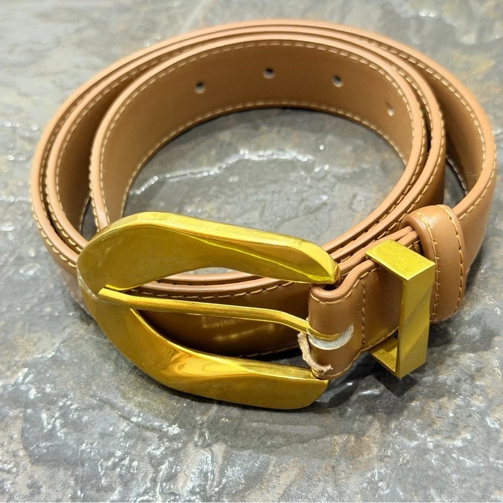 Tan Leather Belt with Oversized Gold Statement Buckle Classic Waist Belt